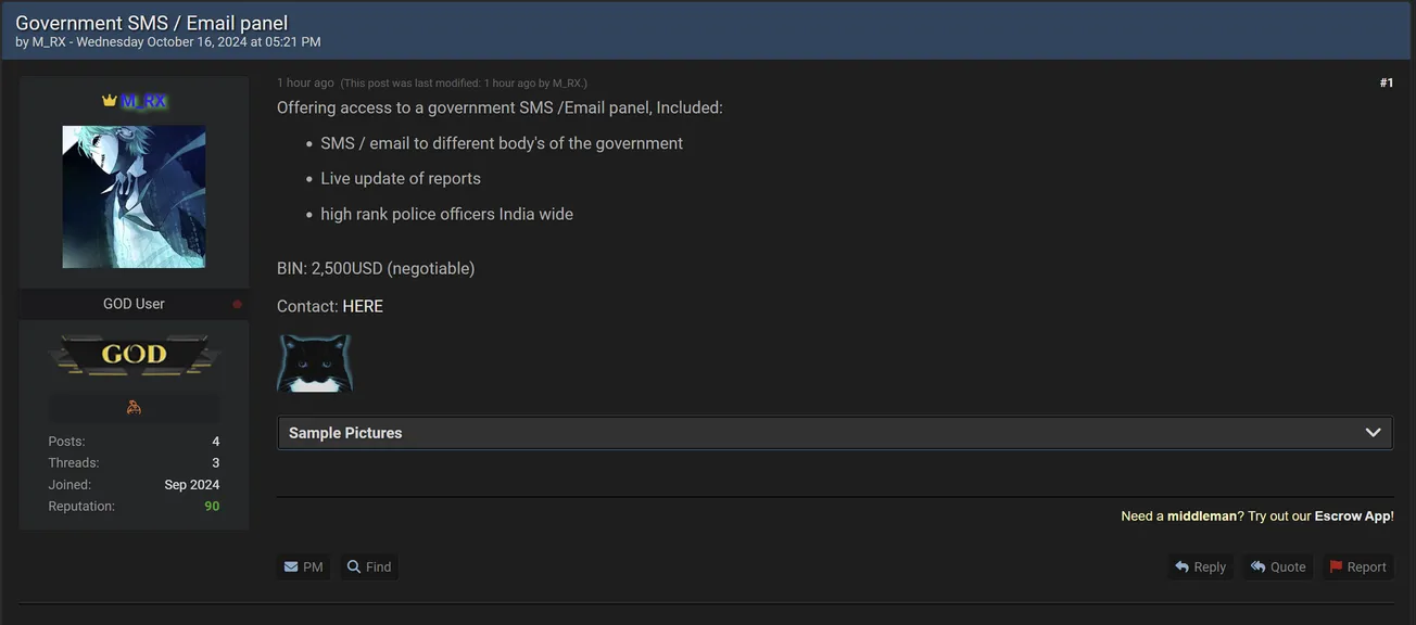 A Threat Actor is Allegedly Selling Email Panel Access of the Indian Government