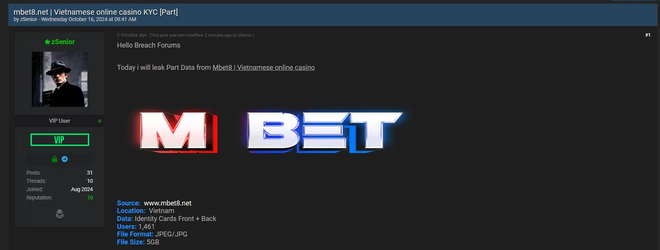 A Threat Actor is Selling KYC Data of MBet