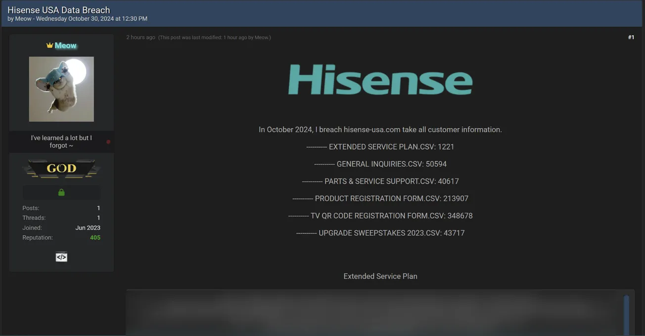 A Threat Actor is Allegedly Selling the Database of Hisense USA Corporation