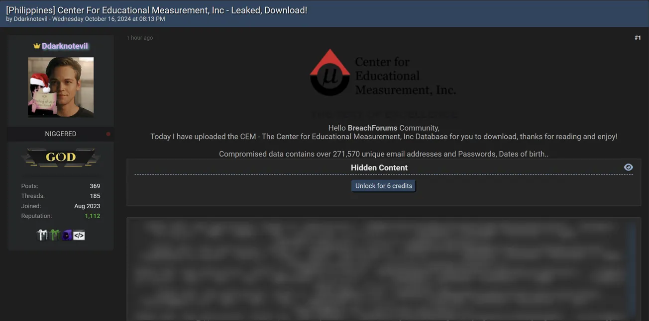 Ddarknotevil Allegedly Leaked Data of Center for Educational Measurement (CEM)