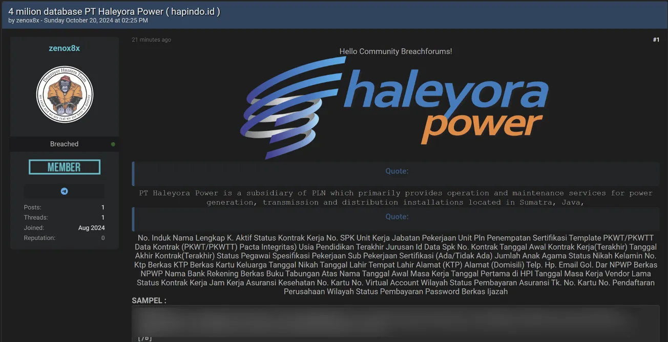 A Threat Actor Allegedly Leaked the Database of PT Haleyora Powerindo