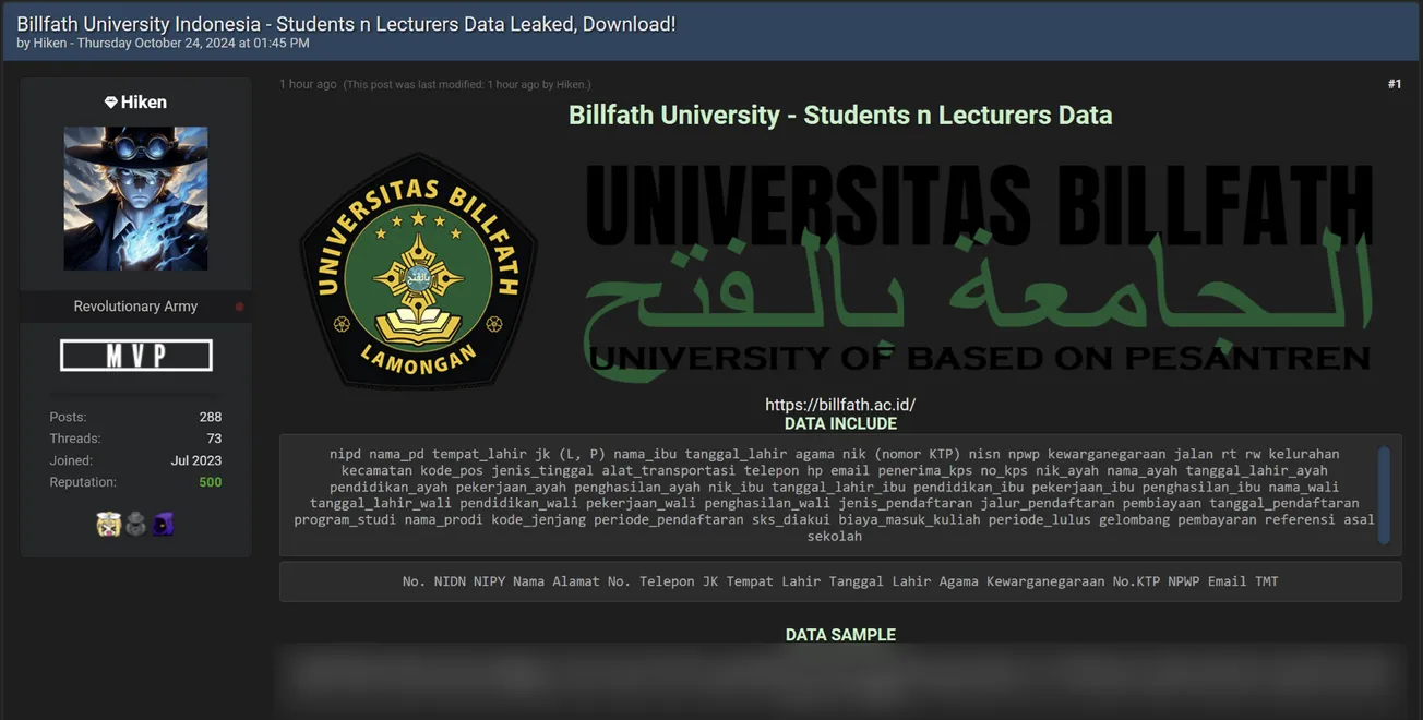 Hiken Has Allegedly Leaked the Database of Billfath University