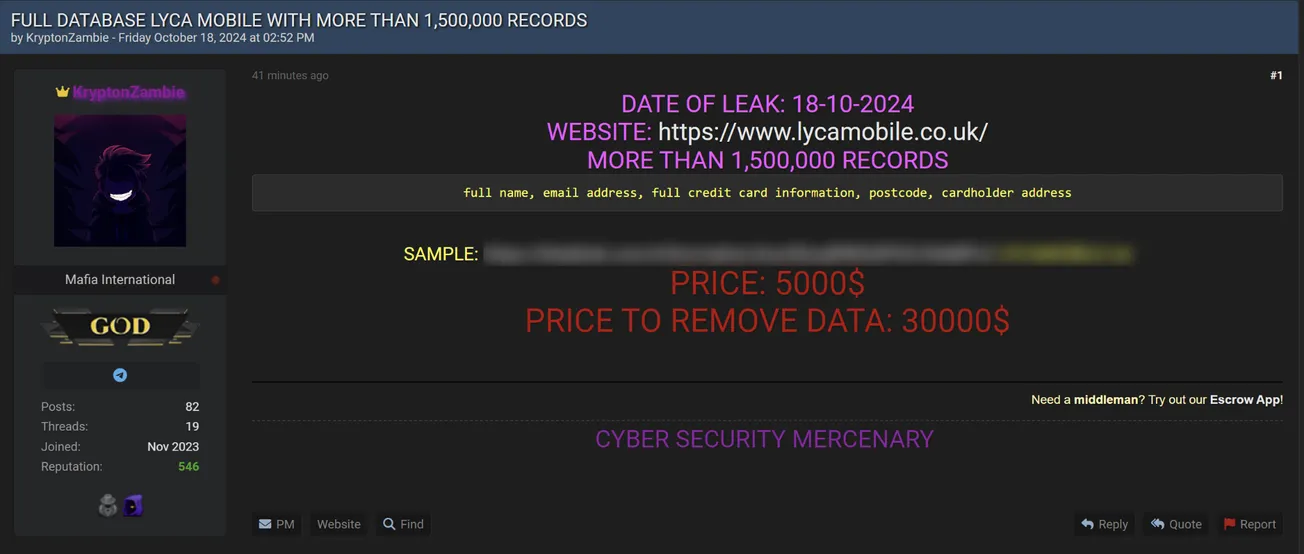 A Threat Actor is Allegedly Selling a Database of Lycamobile UK