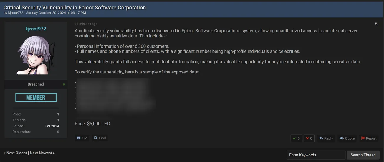 A Threat Actor is Allegedly Selling a Vulnerability of Epicor Server System