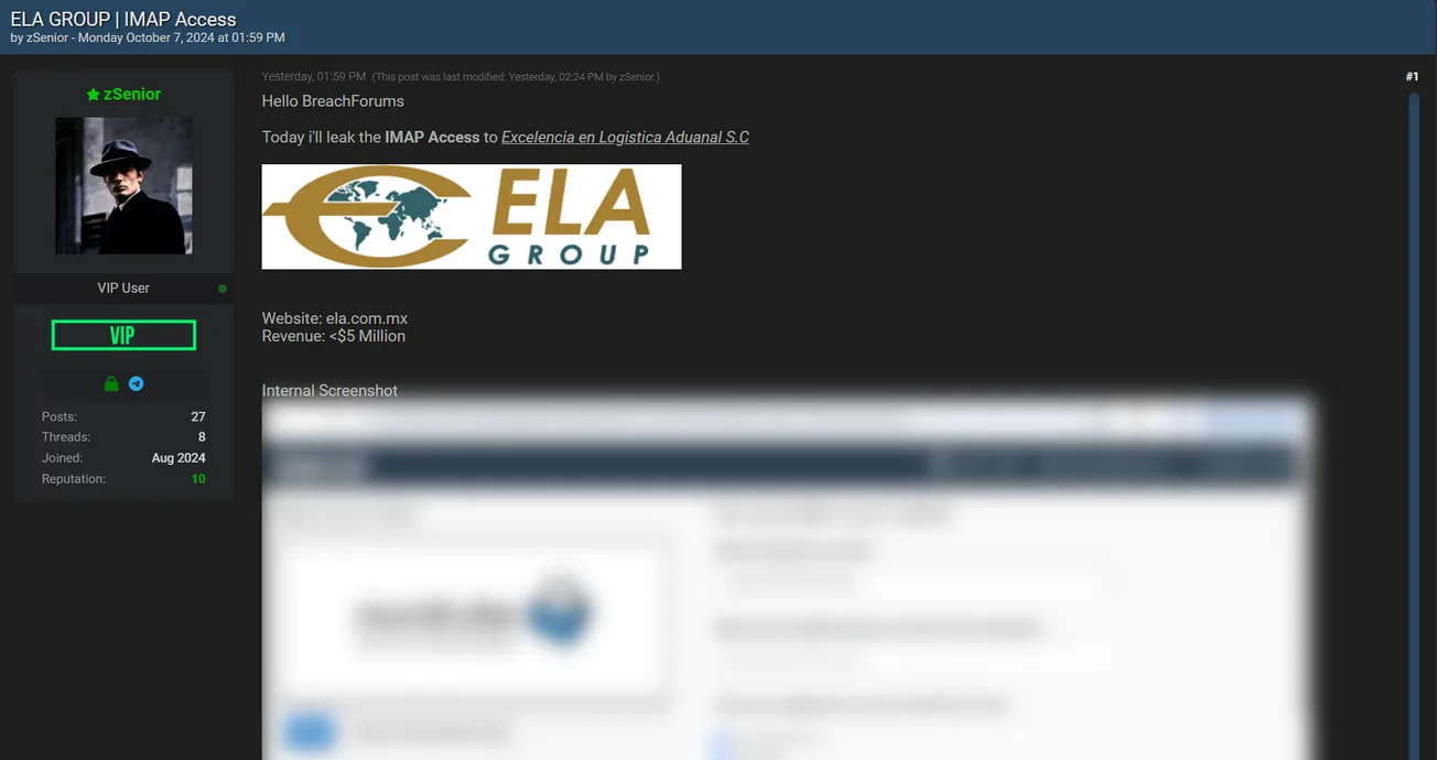 A Threat Actor Allegedly Leaked IMAP Access to Excellence in Customs Logistics