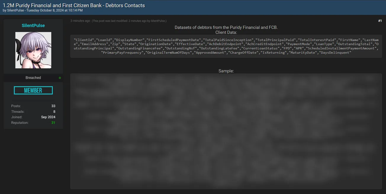 A Threat Actor has Allegedly Leaked Data of First Citizens Bank and Puridy Financial