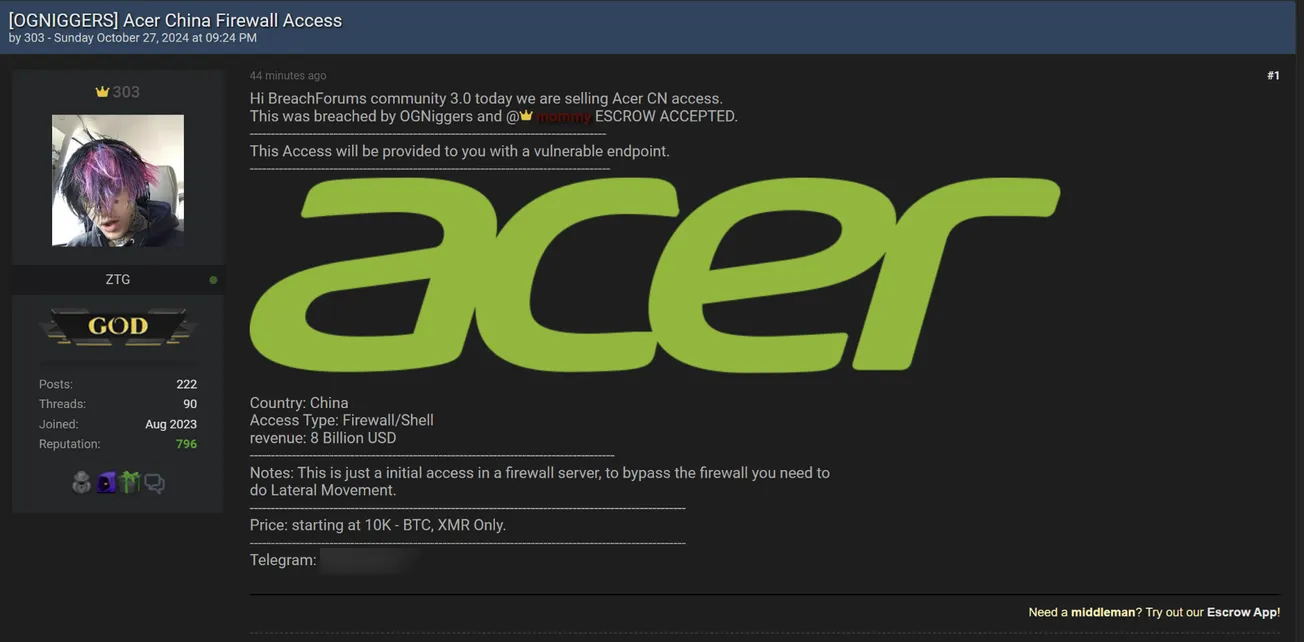 OGN*ggers & mommy Are Allegedly Selling Firewall and Shell Access to Acer China