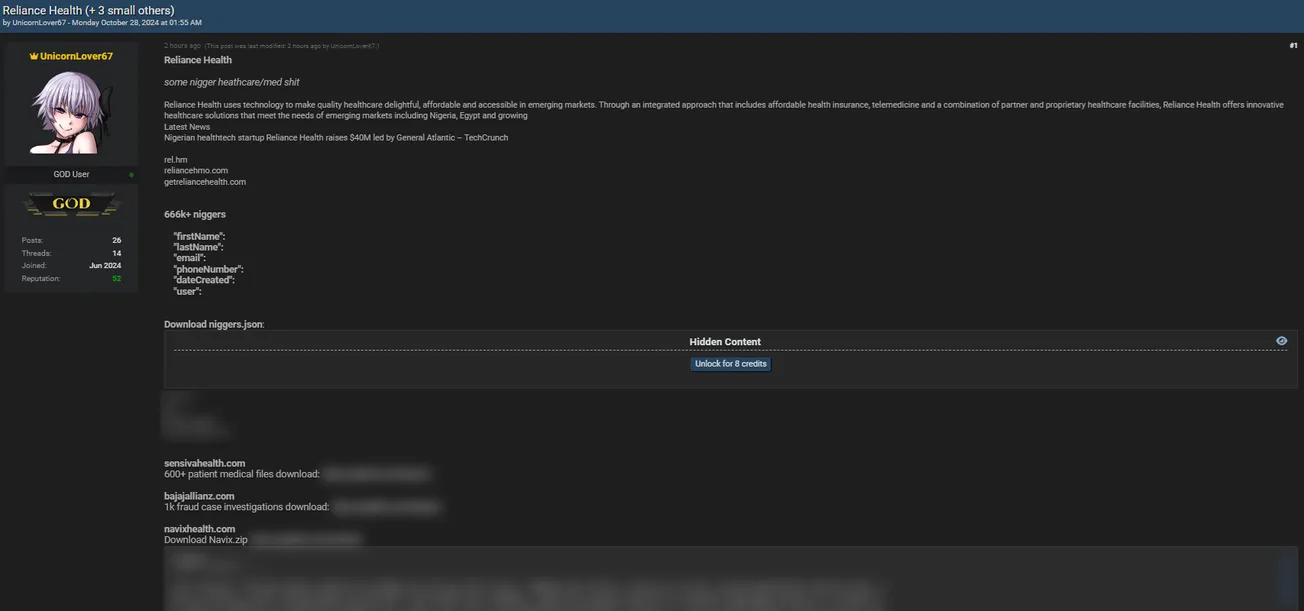 UnicornLover67 Allegedly Leaked Data of Reliance Health