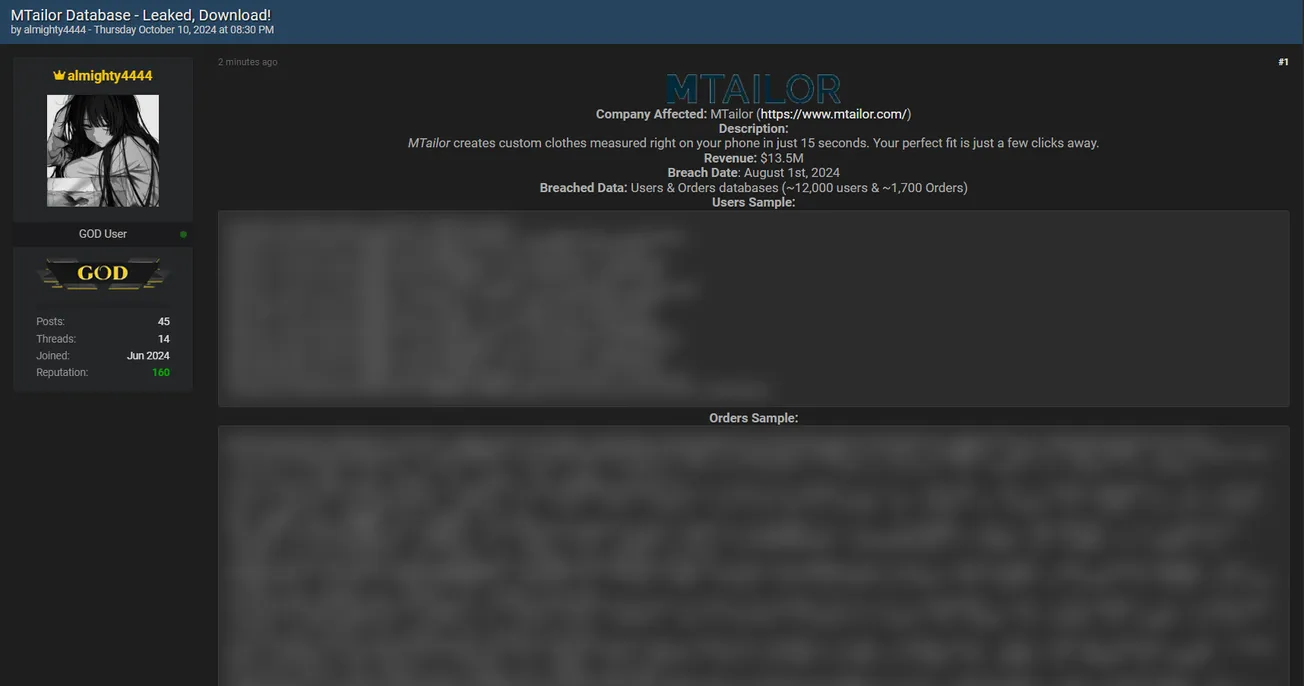 A Threat Actor Allegedly Leaked the Database of MTailor