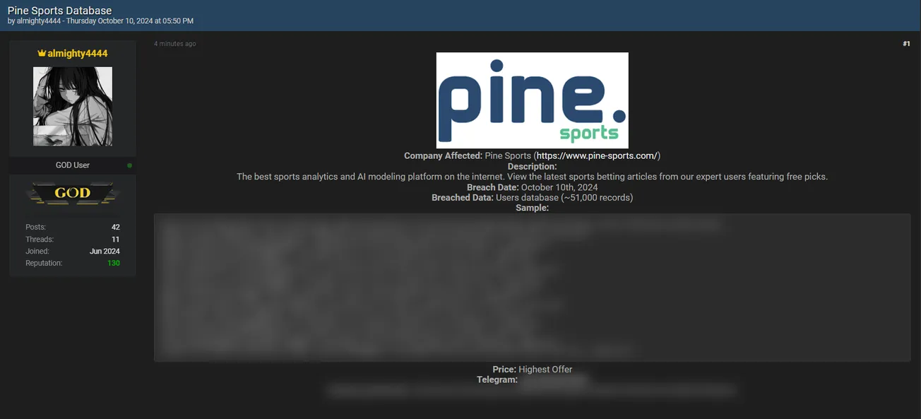 A Threat Actor is Allegedly selling data of Pine Sports