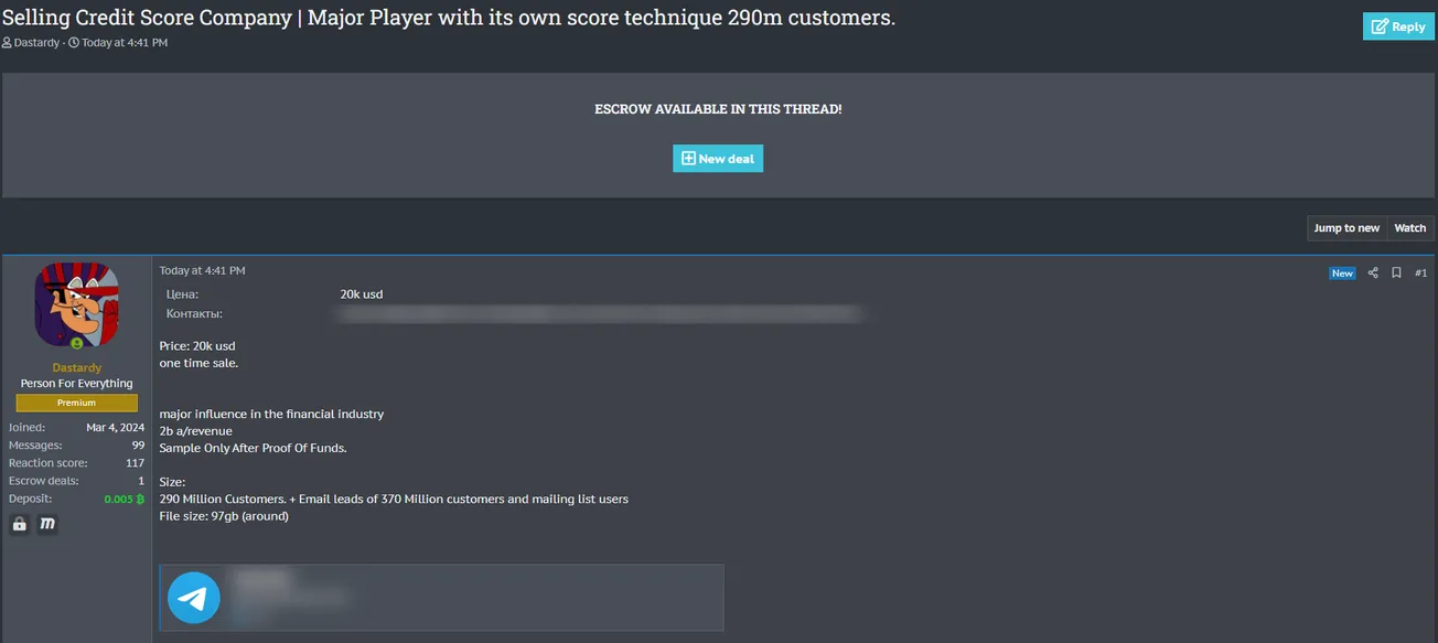 A Threat Actor is Allegedly Selling data to a Credit Score Company