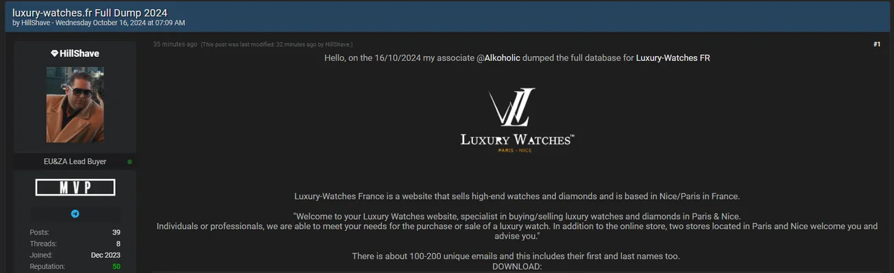 HillShave has Allegedly Leaked Data of Luxury Watches France