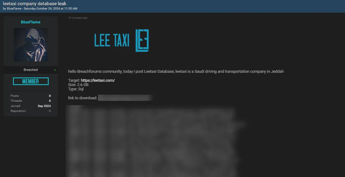 A Threat Actor Allegedly Leaked the Data of LEE TAXI