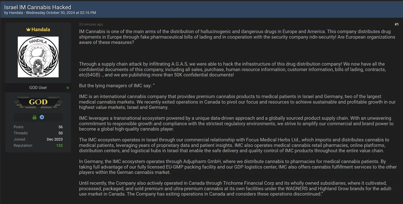 Handala Allegedly Leaked Data of IM Cannabis