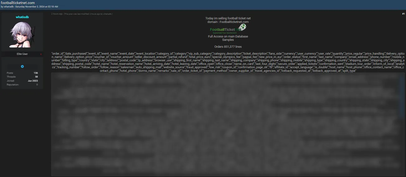 A Threat Actor is Allegedly Selling Data of Football Ticket Net