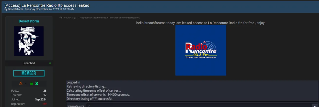 Desertstorm Claims to have Leaked FTP Access of Radio Rencontre