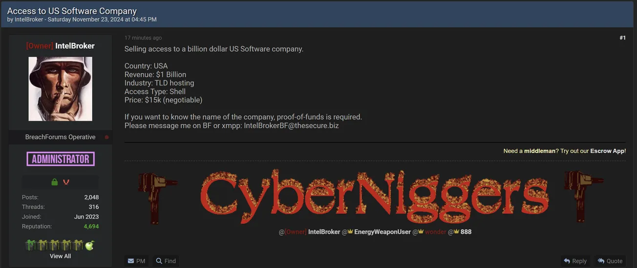 Notorious Threat Actor IntelBroker is Claiming to be Selling Access of an Unidentified Software Company in USA