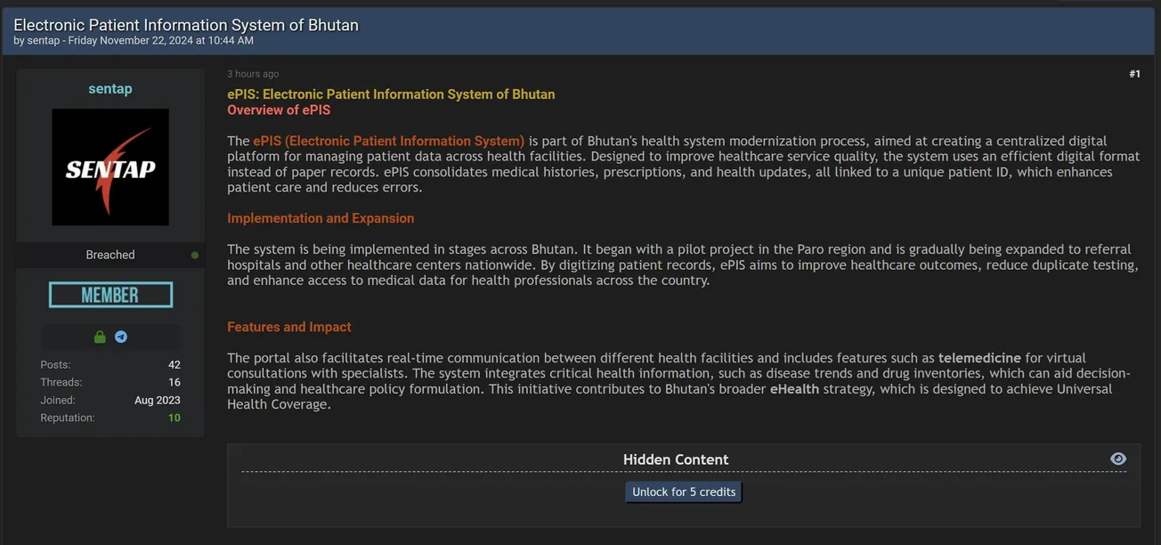 A Threat Actor Claims to have Leaked the Data of Electronic Patient Information System of Bhutan