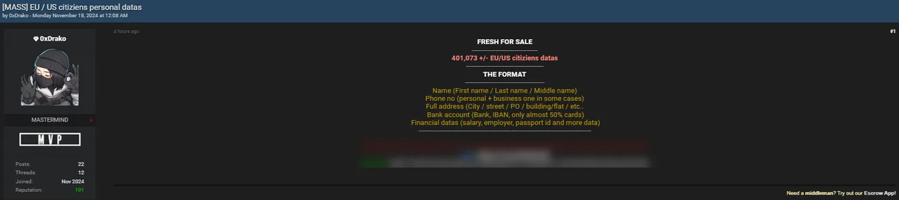 A Threat Actor is Allegedly Selling Citizen's Data from Europe and USA