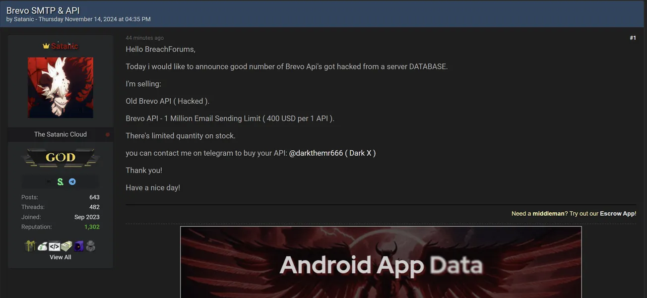 Satanic is Allegedly Selling Access of Brevo APIs