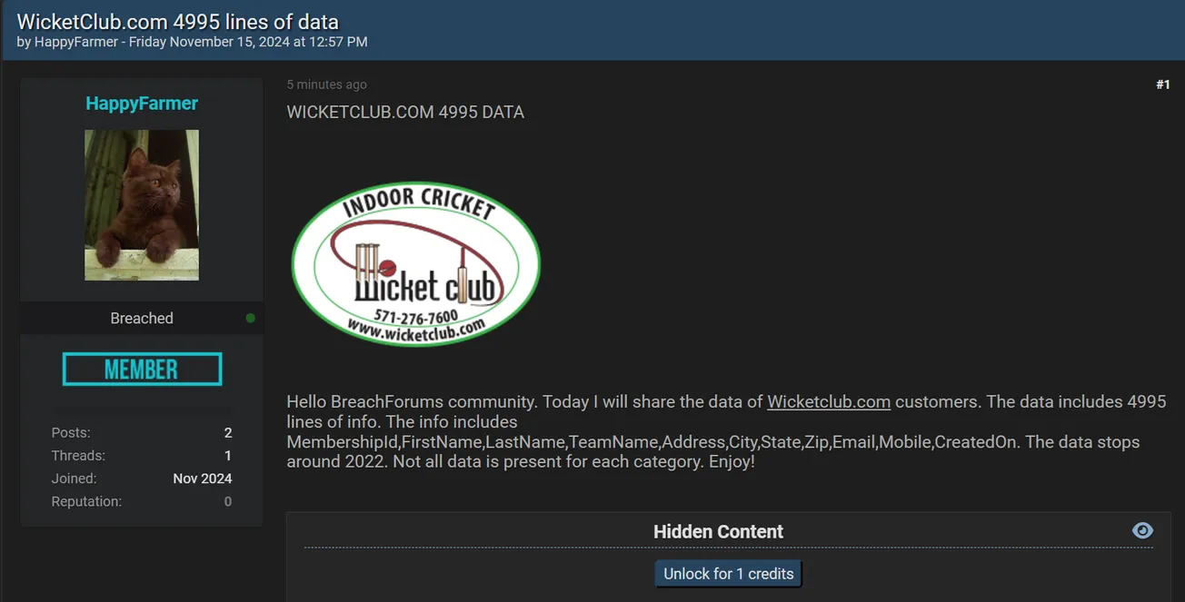 A Threat Actor has Allegedly Leaked the Data of Wicket Club