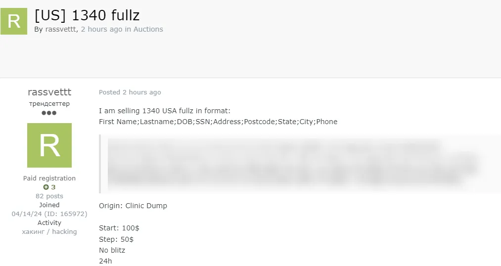 A Threat Actor is Allegedly Selling 1,340 FULLZ on US Citizens