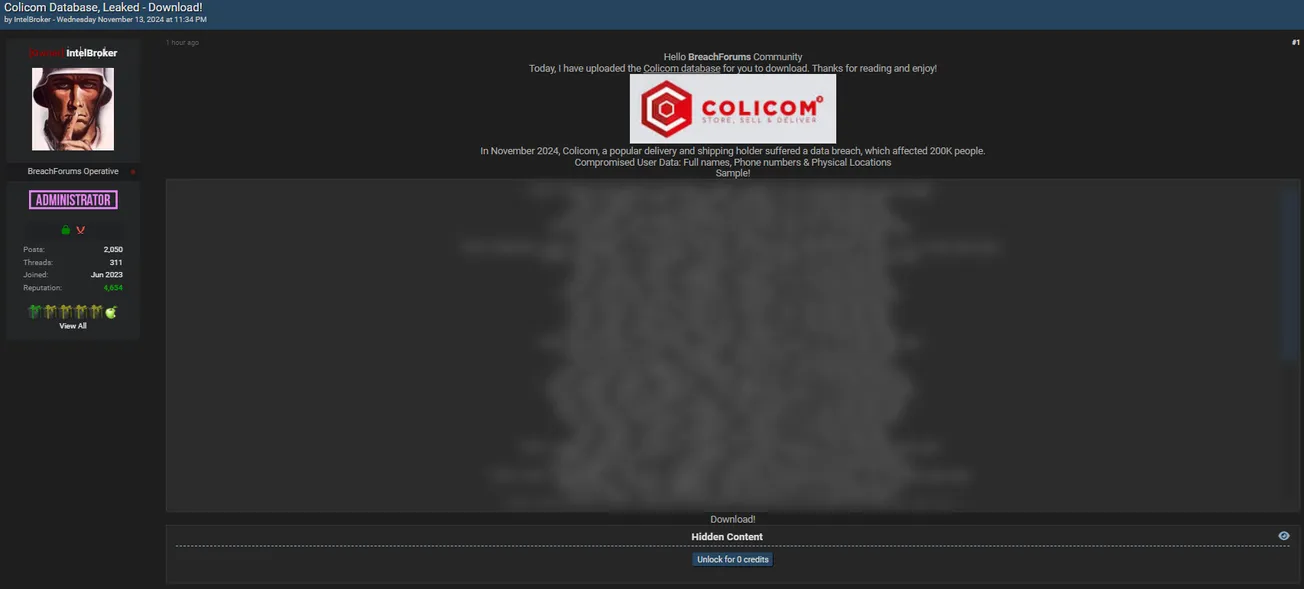 IntelBroker Has Allegedly Leaked the Data of Colicom