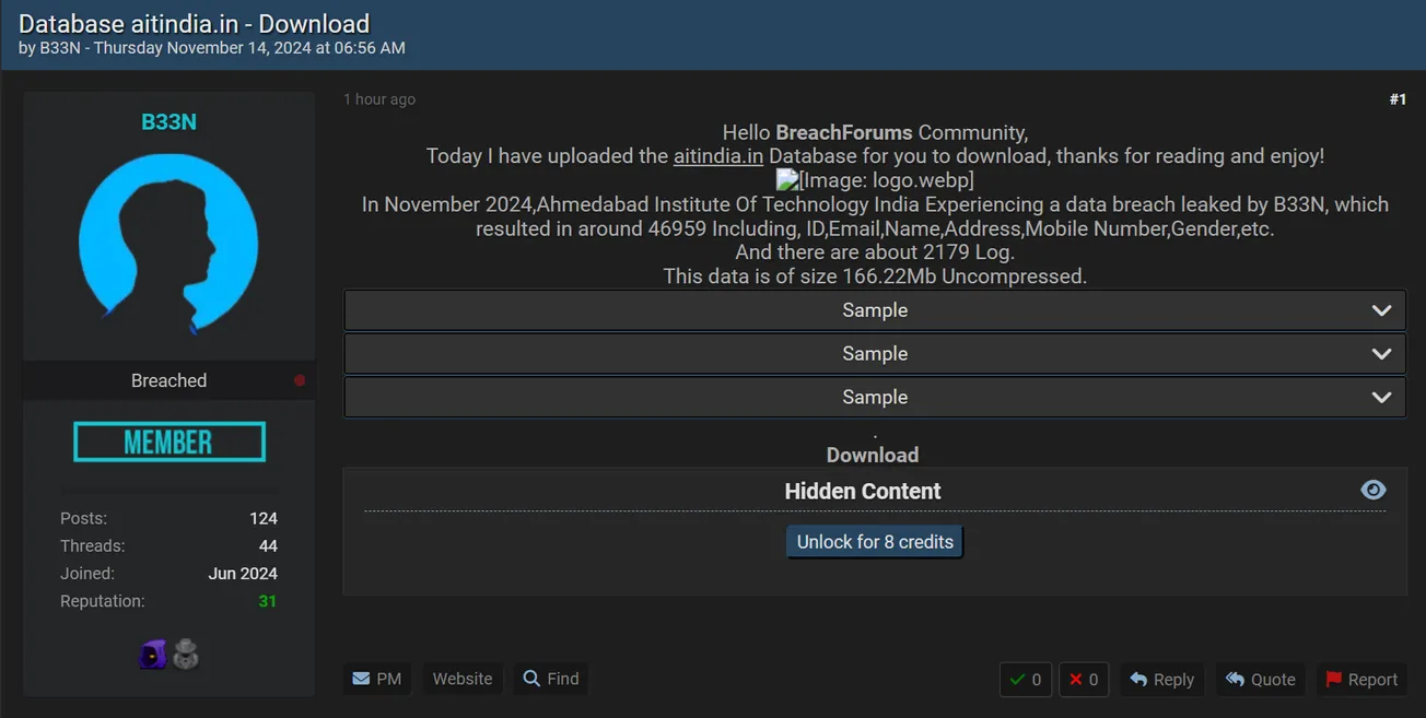 A Threat Actor Has Allegedly Leaked the Data of Ahmedabad Institute of Technology