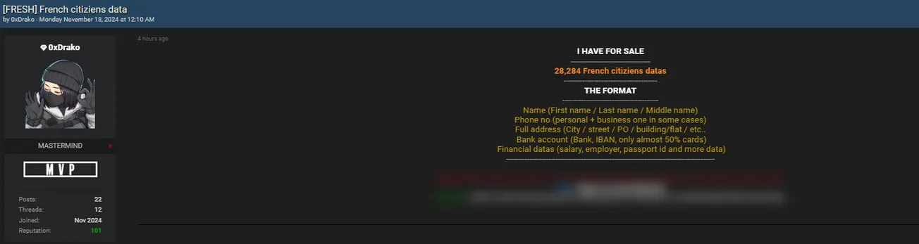 A Threat Actor is Allegedly Selling Citizen's Data from France