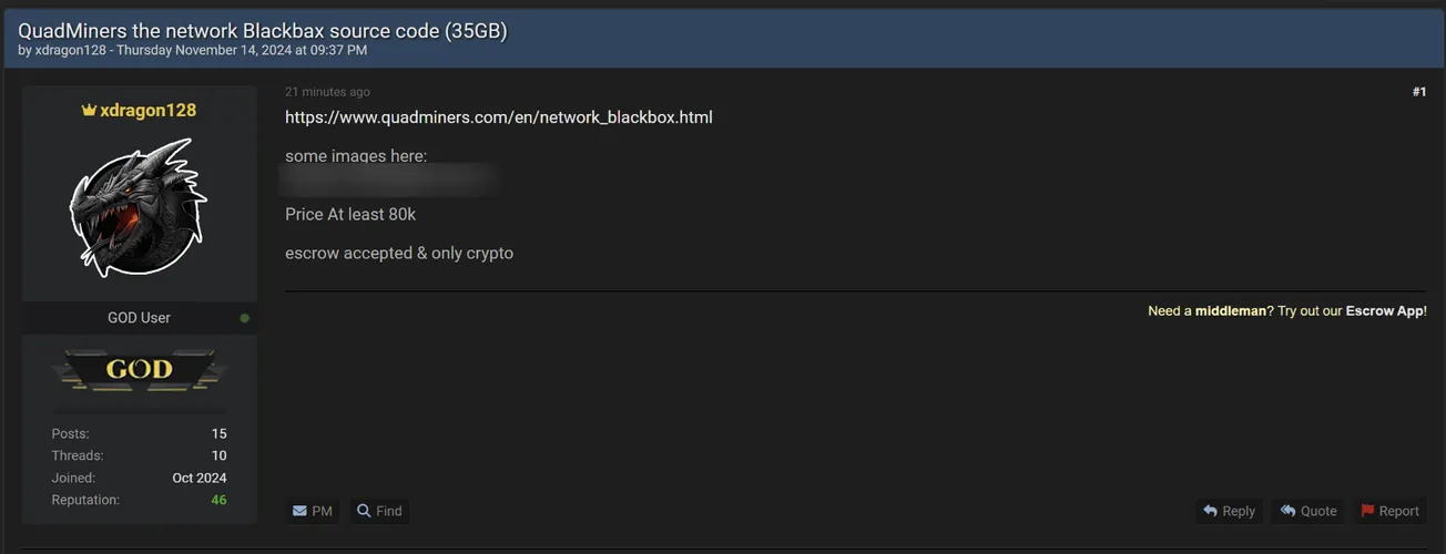 A Threat Actor is Allegedly Selling the Source Code of Quad Miners' Network Blackbox