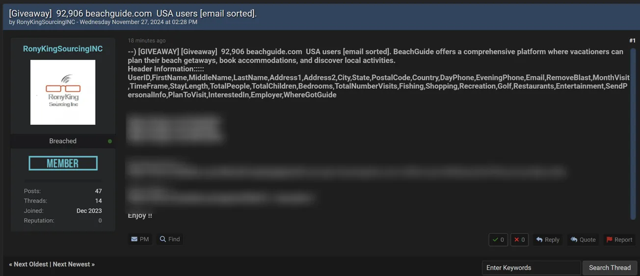 A Threat Actor Allegedly Has Leaked the Data of BeachGuide