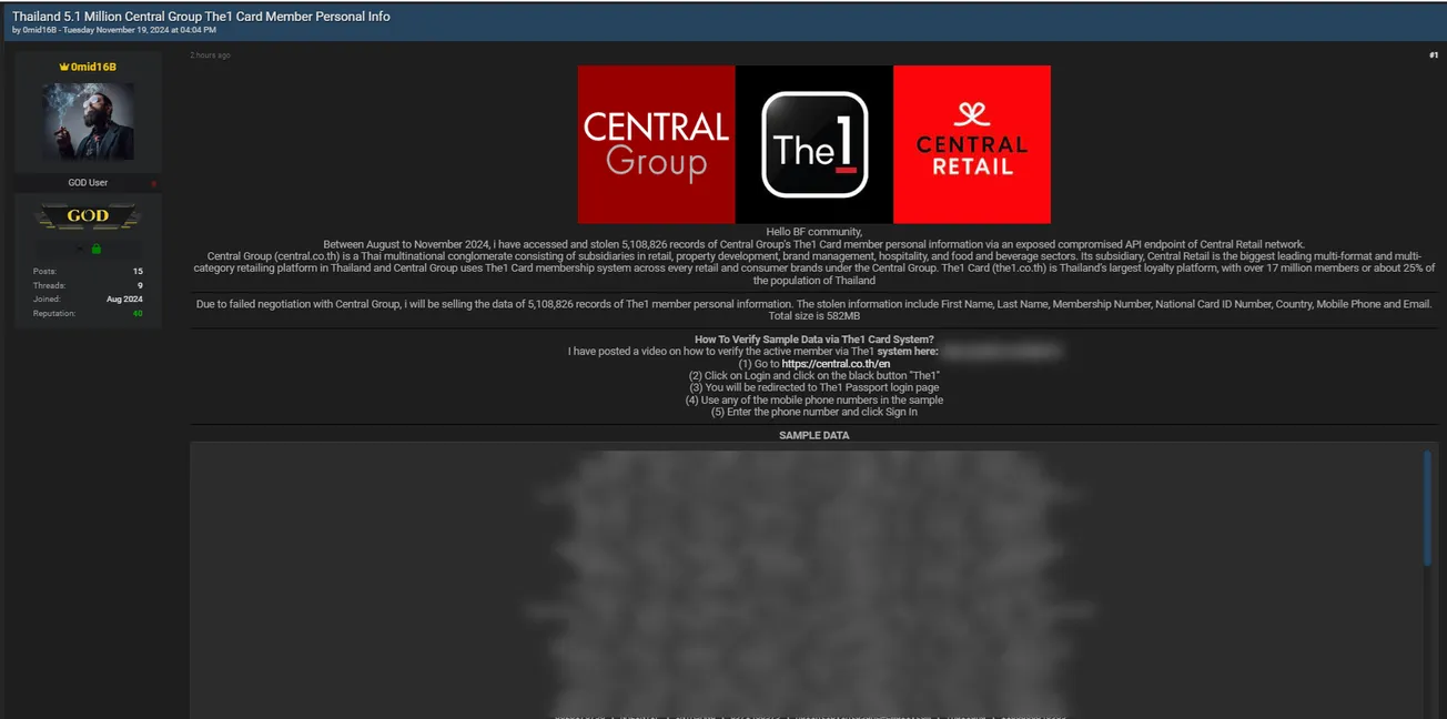 A Threat Actor Claims to be Selling the Data of Central Group's The1 Card