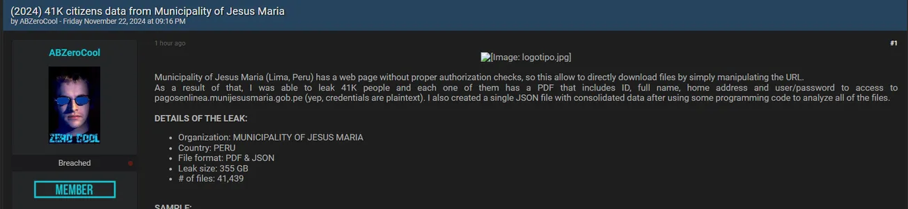 ABZeroCool Claims to have Leaked the Data of Municipality of Jesus Maria
