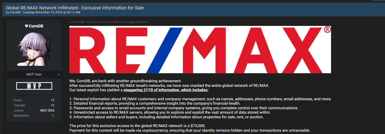 CornDB is Allegedly Selling Server Access and 21TB of Data of RE/MAX USA