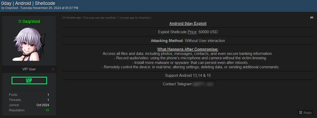 A Threat Actor Claims to be Selling a 0-day Exploit for Android