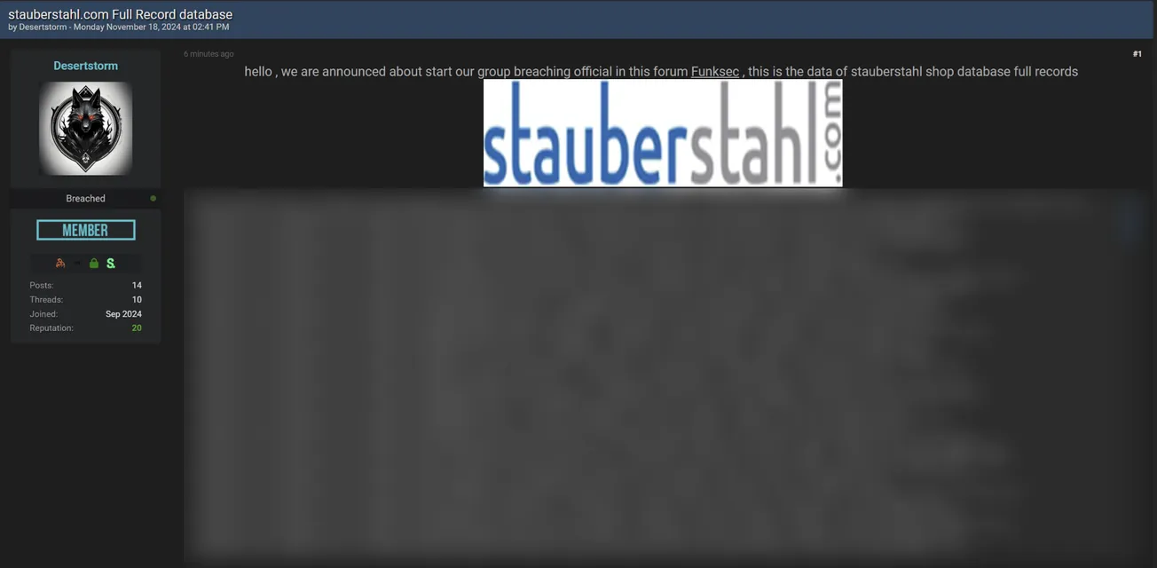 A Threat Actor Has Allegedly Leaked the Data of Stauber GmbH Metalltechnologie