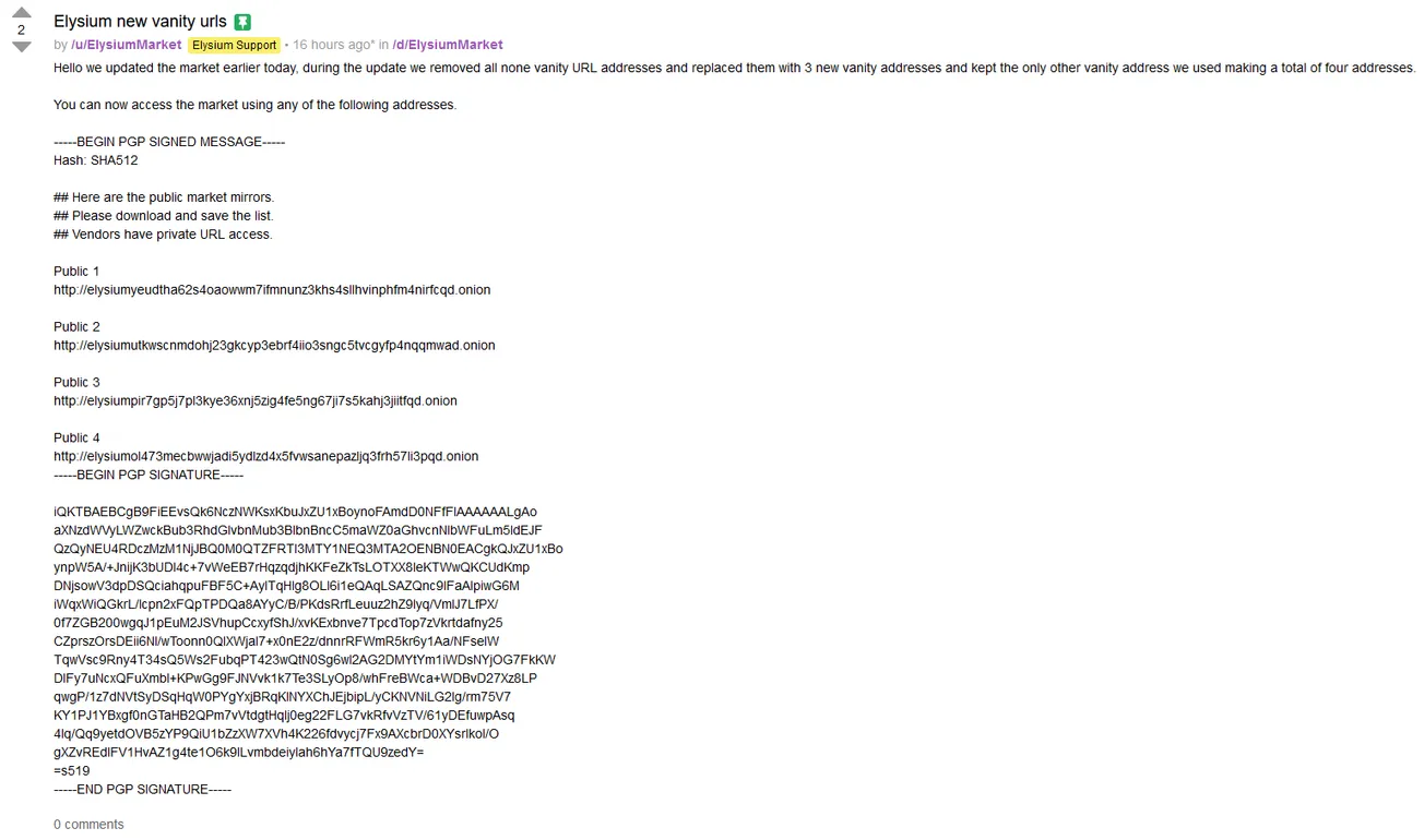 Elysium Market Removed All Non Vanity URL Addresses and Replaced Them With 3 New Vanity Addresses