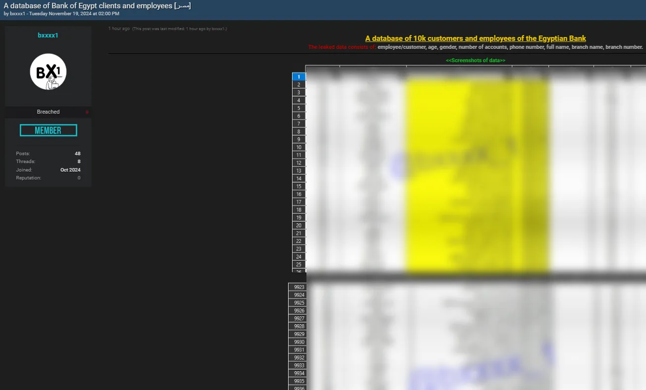A Threat Actor Claims to have Leaked the Bank of Egypt Database