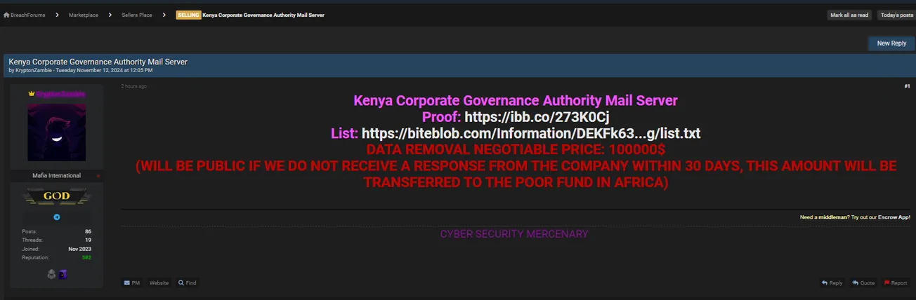 KryptonZambie is Allegedly Selling Access to a Kenya Corporate Governance Authority Mail Server