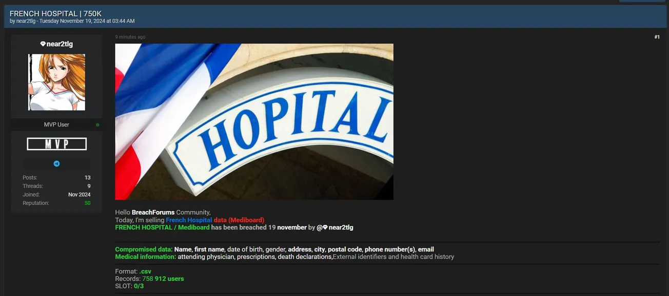 A Threat Actor is Allegedly Selling Data to an Unidentified French Hospital