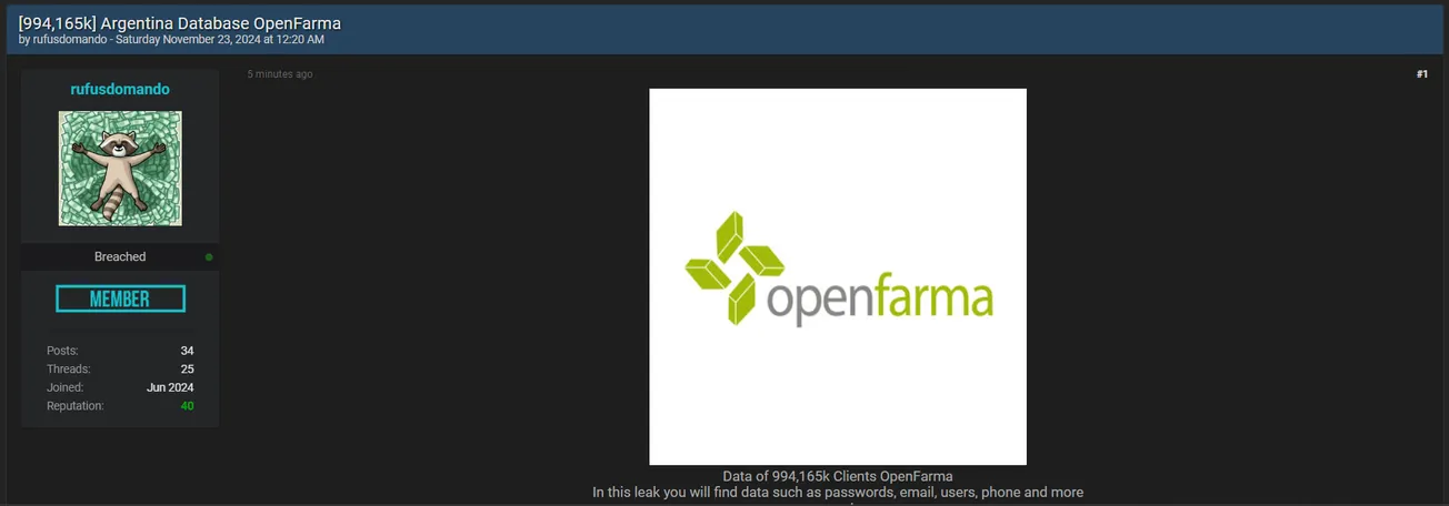 rufusdomando Claims to have Leaked the Data of Openfarma