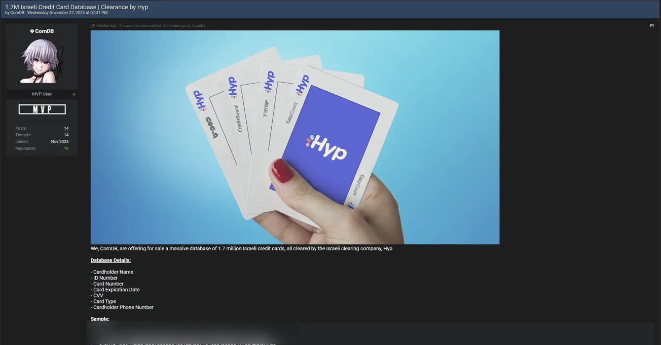 CornDB is Allegedly Selling Credit Card Data of Hyp Payment Solutions
