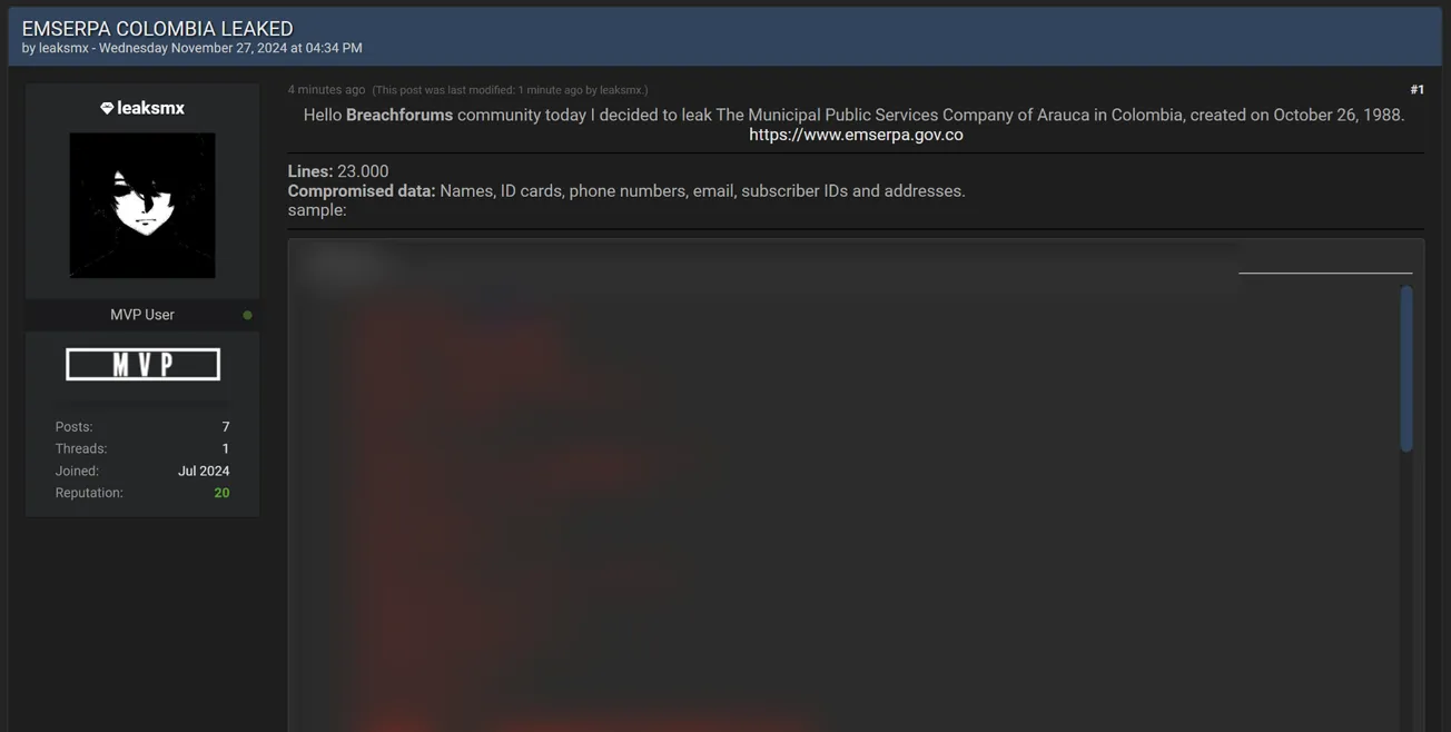 A Threat Actor Claims to Have Leaked the Data of Municipal Public Services Company of Arauca(EMSERPA)