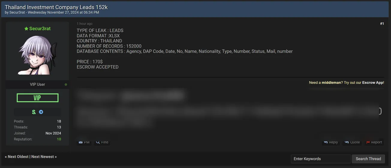 A Threat Actor Claims to be Selling Thailand Investment Company Leads
