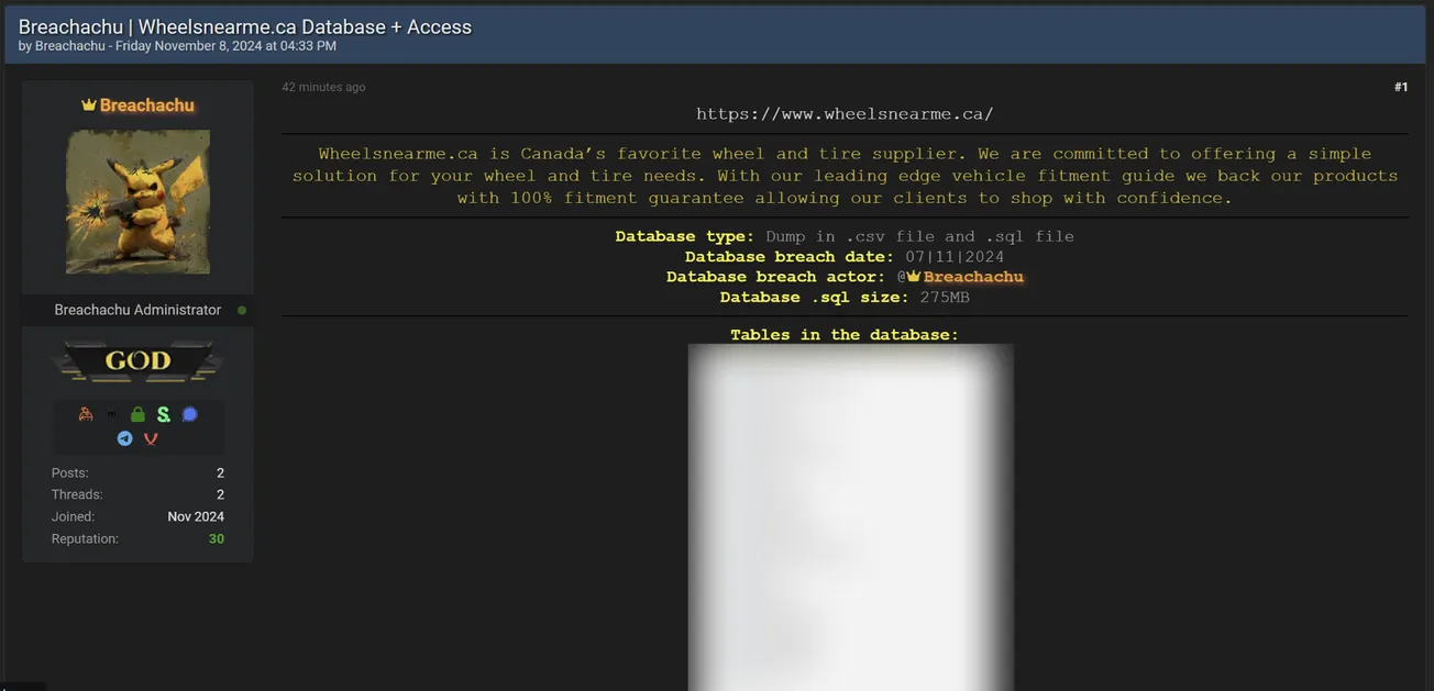 A Threat Actor is Allegedly Selling Data and Access of Wheelsnearme.ca