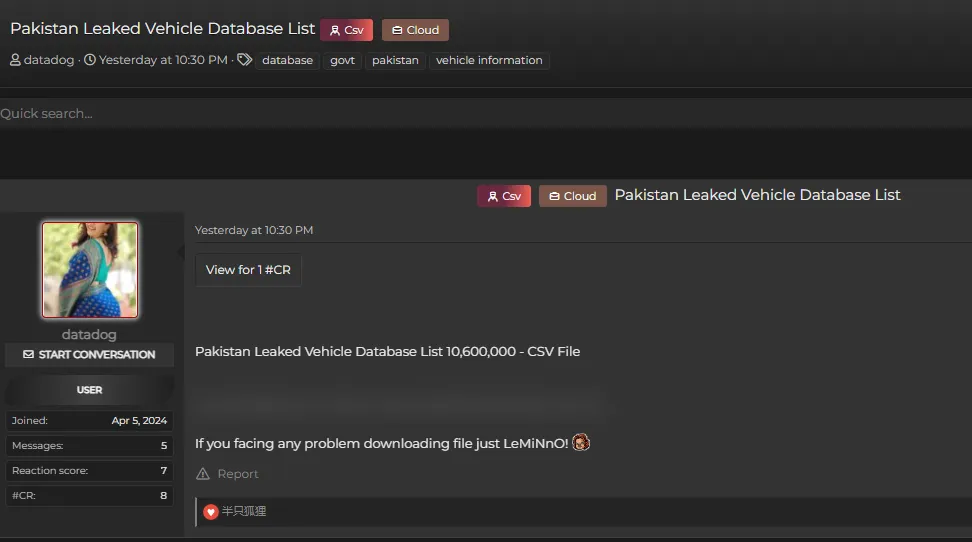 A Threat Actor Claims to have Leaked Data of Pakistan's Vehicle Records