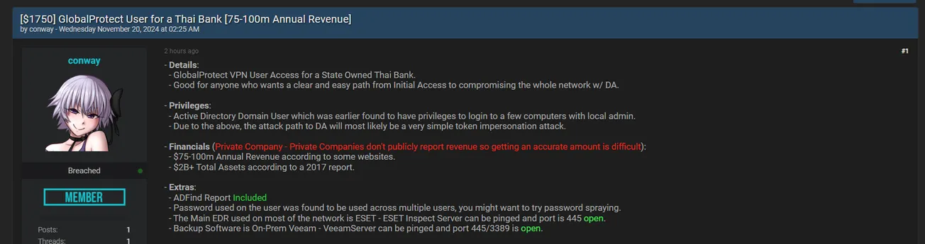 A Threat Actor is Claiming to Sell VPN Access to an Unidentified Thailand Bank