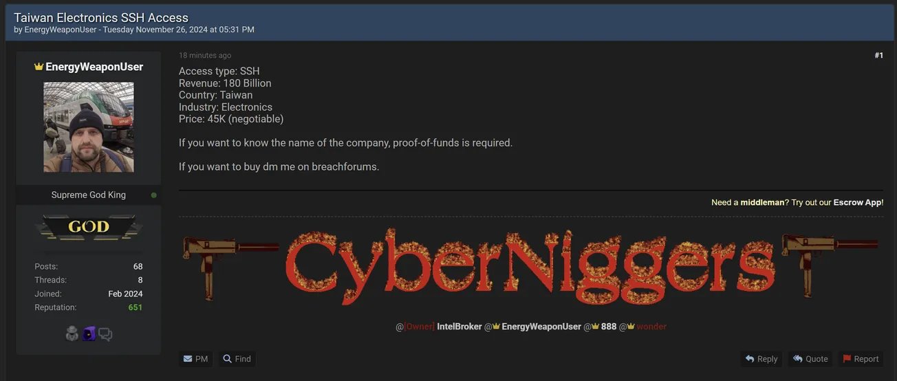 EnergyWeaponUser is Allegedly Selling Access of an Unidentified Electronics Company in Taiwan