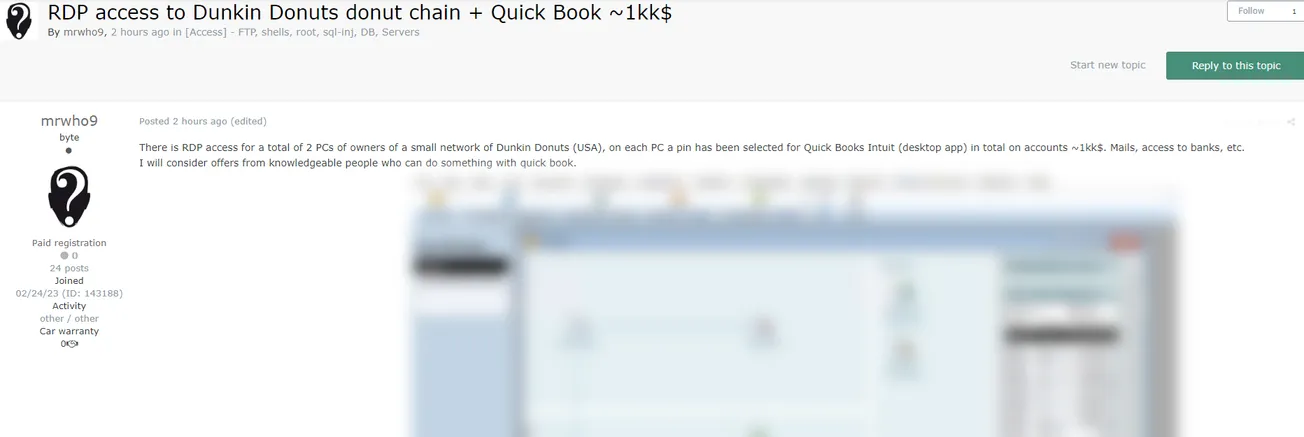 A Threat Actor Claims to be Selling Unauthorized RDP Access to Dunkin' Donuts