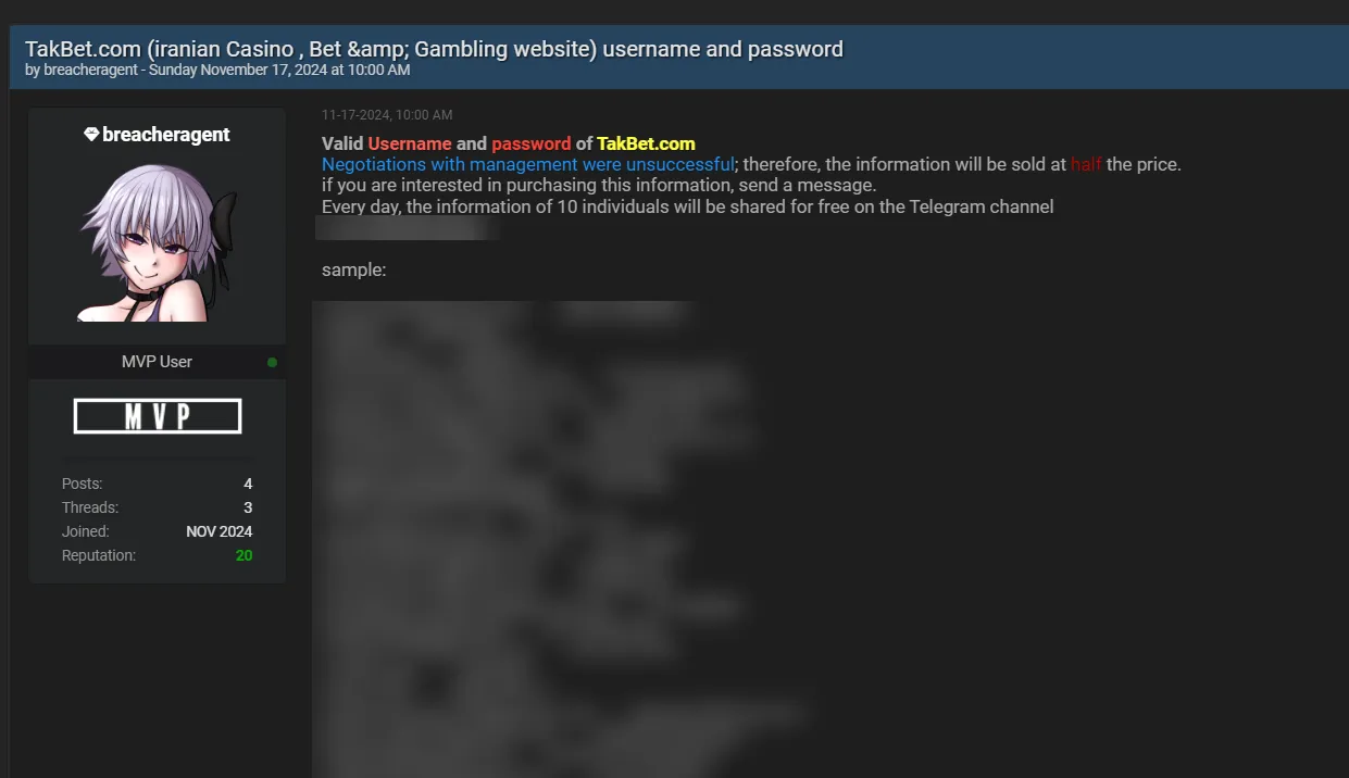 A Threat Actor Reportedly Leaked the Data of Takbet